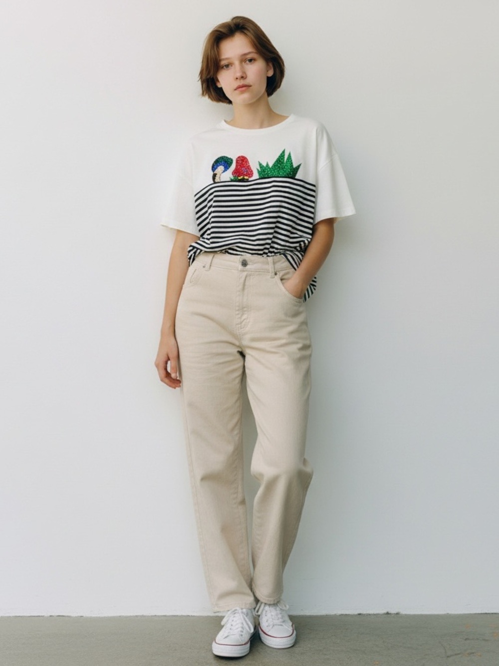 Marc Jacobs sz Medium Striped Embellished Mushrooms Grass  Cotton Top SS
